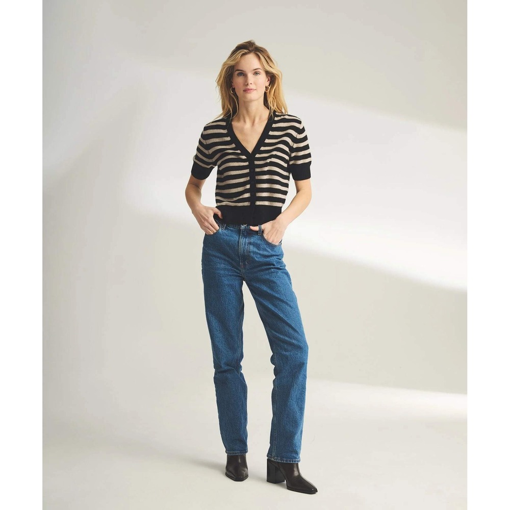 NAADAM Short Sleeve Cardigan Black Striped Cashmere Small